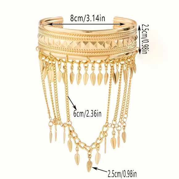 Gold Boho Tribal Festival Rave Arm Cuff Bracelet w/ Chains & Feather Charms - Picture 3 of 4